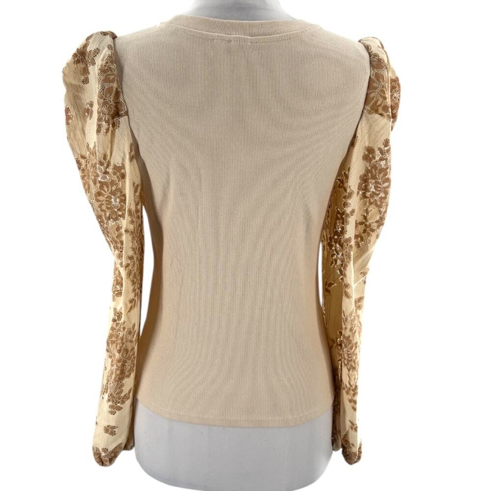 Anthropologie Dolan Lace Puff-Sleeve Top Sz S tan - Picture 5 of 9